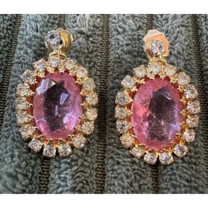 Gold Tone Oval‎ Pink Gemstone Dangle Earrings Rhinestone Halo Vintage Style
